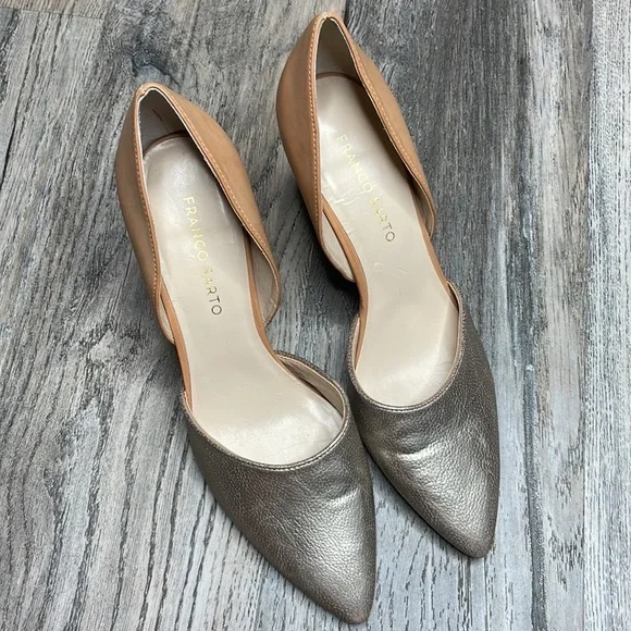Franco Sarto Arrow Tan & Gold Metallic Leather D’Orsay High Heels, size 8 - Picture 3 of 8